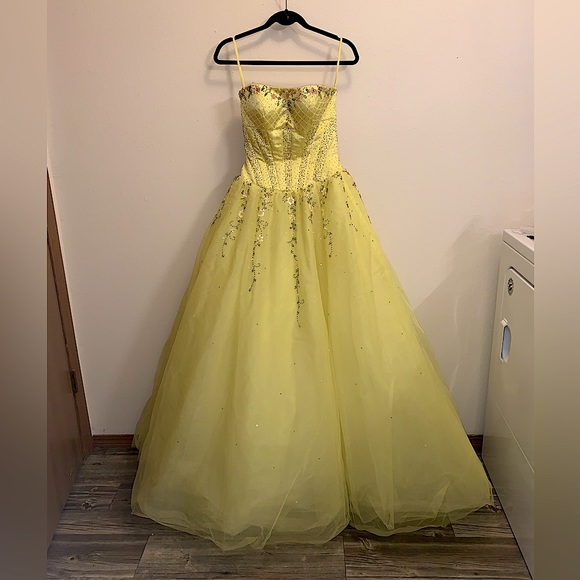 Yellow floral beaded prom dress size